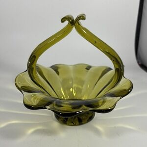 Vintage Avocado Green Art Glass Basket‎ Split Handled Handblown MCM